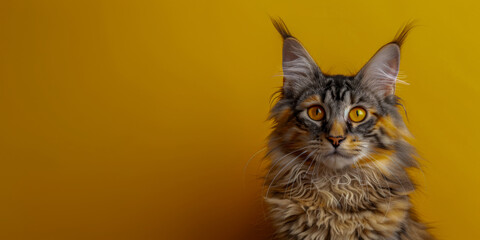 Majestic Maine Coon Cat on Vibrant Yellow Background