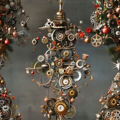 A unique clockwork Christmas tree with hanging ornaments. Perfect for holiday designs and decorations