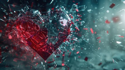 A broken red heart surrounded by small pieces of glass. Suitable for concepts of heartbreak and emotional pain