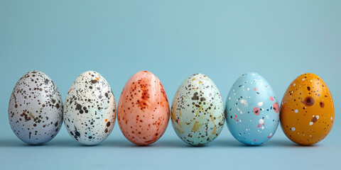 A vibrant lineup of Easter eggs, each speckled uniquely, standing against a soft blue backdrop, signaling the onset of Easter