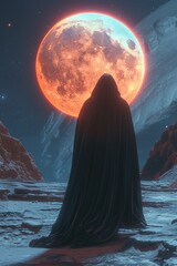 A cloaked figure wandered the endless expanse of the void, guided only by the glow of a luminous papaya orb that held the key to unlocking cosmic statistics  - obrazy, fototapety, plakaty