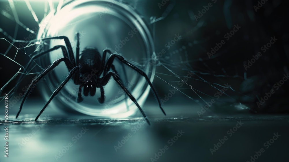 Poster a detailed close-up of a spider on a glass surface. ideal for science or nature projects