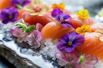 A close-up of sashimi garnished with edible flowers - obrazy, fototapety, plakaty