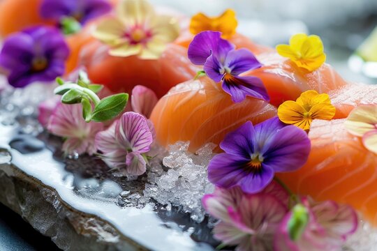 A close-up of sashimi garnished with edible flowers