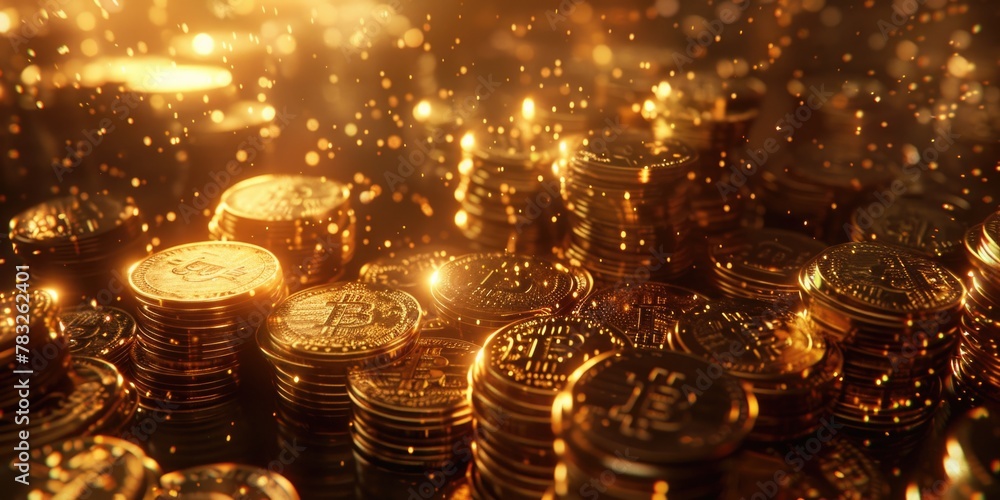 Poster a pile of gold coins stacked on top of each other. suitable for financial concepts
