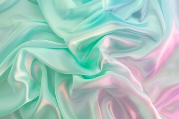 Mint green and pink holographic satin fabric background with soft folds