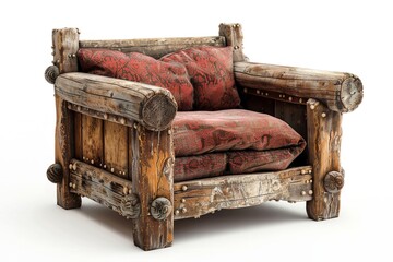Rustic sofa chair, traditional design, on white background, warm tones, clear detail.