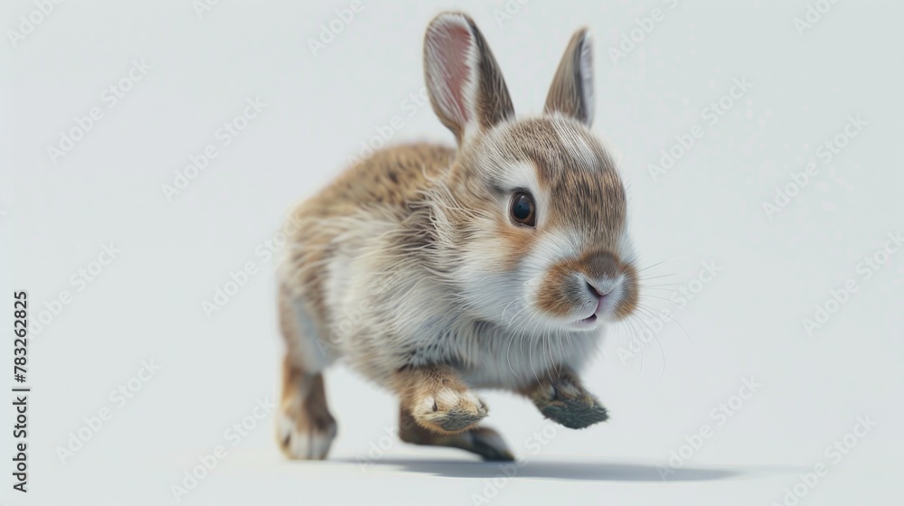Poster A small rabbit running on a white surface, suitable for various projects