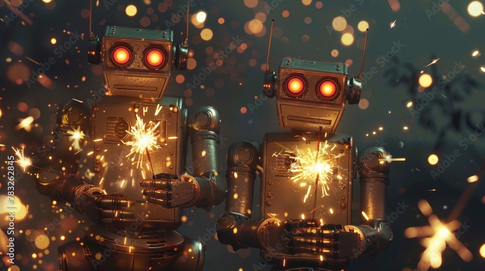 Poster Two robots standing side by side. Suitable for technology and innovation concepts