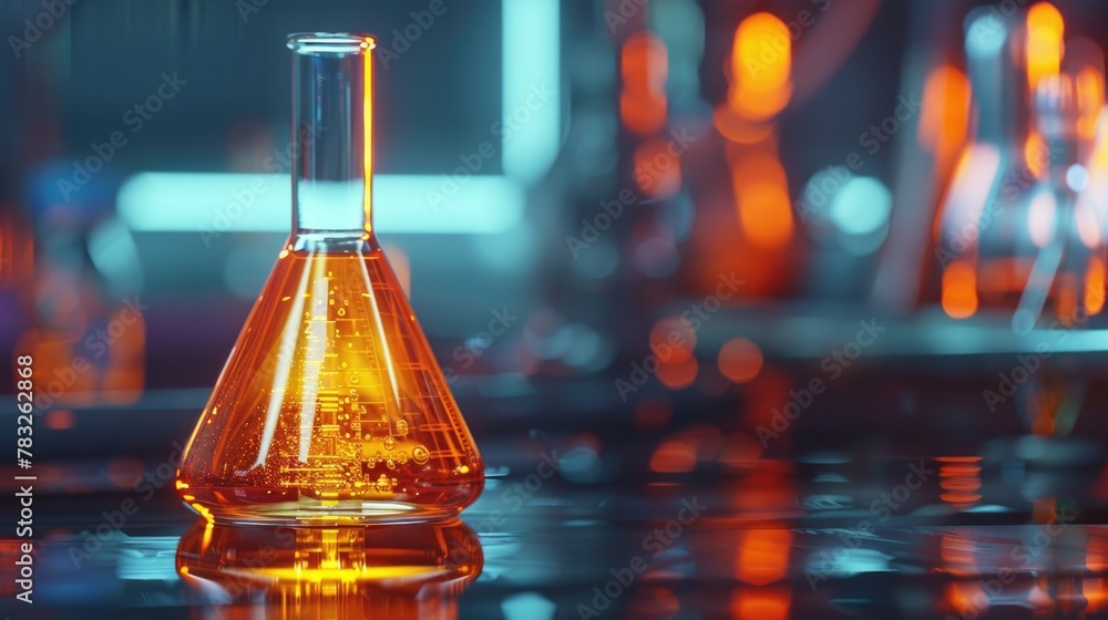Poster a detailed view of a glass flask filled with orange liquid. perfect for scientific or laboratory the
