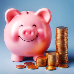 Smiling pink pig piggy bank and golden dollar coin, isolated on pink background, Investment money savings concept - Generative AI