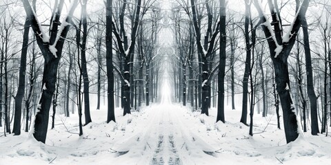 A serene snow covered path through a forest. Ideal for winter themed designs