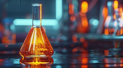 A detailed view of a glass flask filled with orange liquid. Perfect for scientific or laboratory themed designs - obrazy, fototapety, plakaty