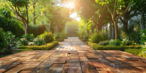 A wooden table placed in a peaceful park setting. Ideal for outdoor furniture advertisements