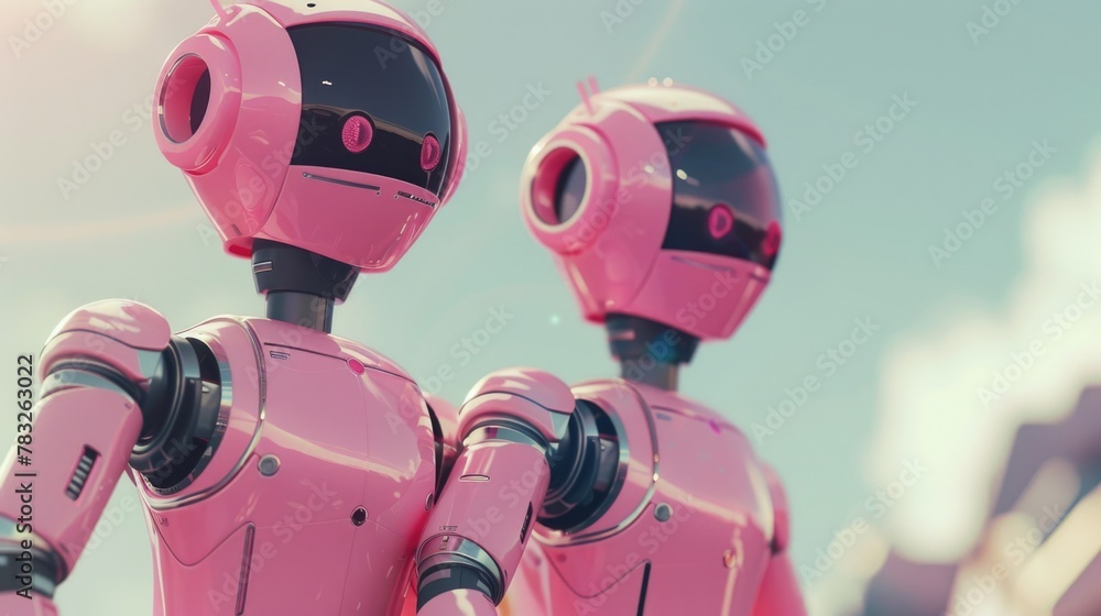 Poster Two pink robots side by side, suitable for technology concepts
