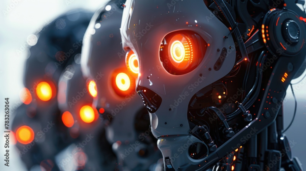 Poster group of robots with glowing eyes and headphones. ideal for technology concepts