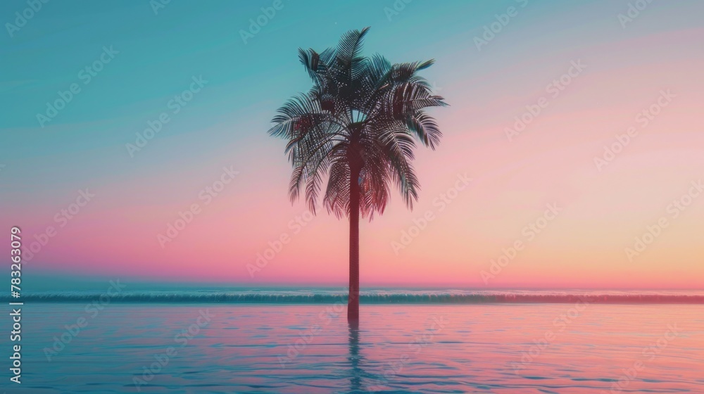 Poster A single palm tree standing in the middle of a body of water. Suitable for tropical vacation concepts
