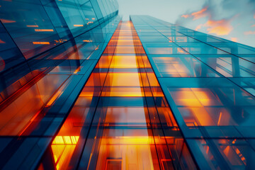 Modern Glass Skyscraper Facade Reflecting Sunset Colors