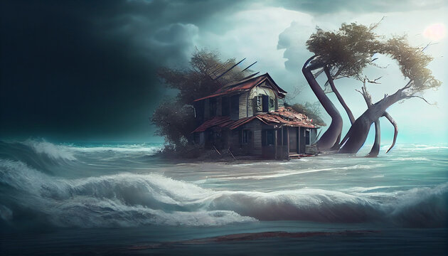 Strong wind hurricane та island flood disaster background, Ai generated image