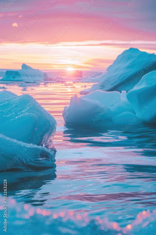 Poster group of icebergs floating on water, suitable for nature and climate change concepts