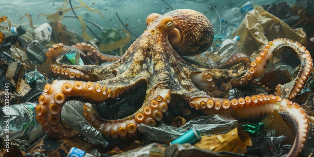 Poster an octopus perched on a heap of trash, suitable for environmental themes