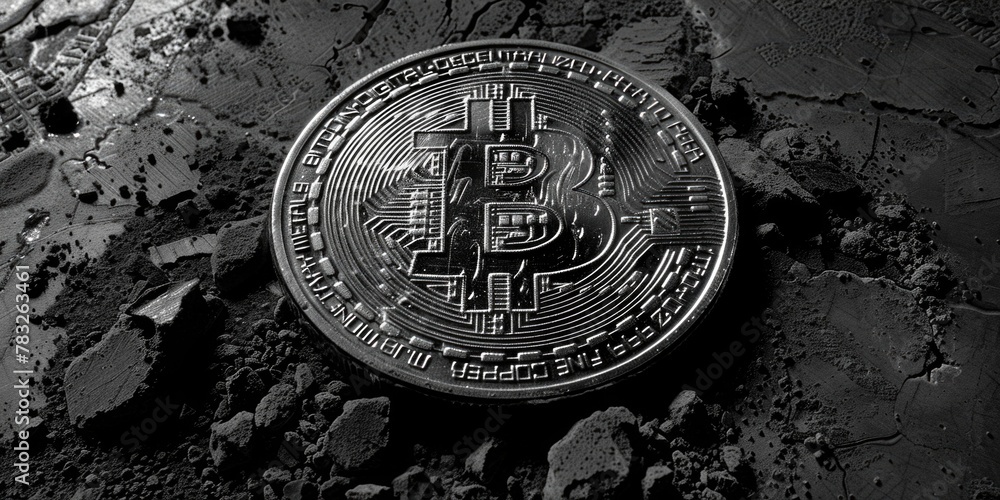 Poster a close-up shot of a bitcoin in black and white. suitable for finance and technology concepts