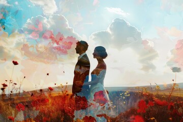 A man and a woman standing in a field of flowers. Ideal for romantic concepts