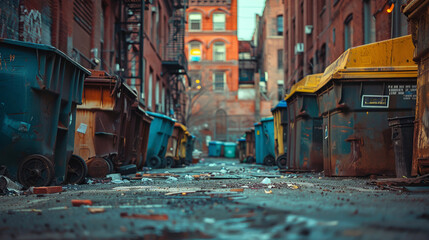 Colorful dumpsters line an alley with gritty urban textures - obrazy, fototapety, plakaty