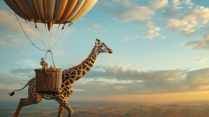 A realistic giraffe stands next to a colorful balloon in the sky, creating a unique and unexpected juxtaposition. The giraffes long neck reaches up towards the balloon as it grazes peacefully. - 783263467