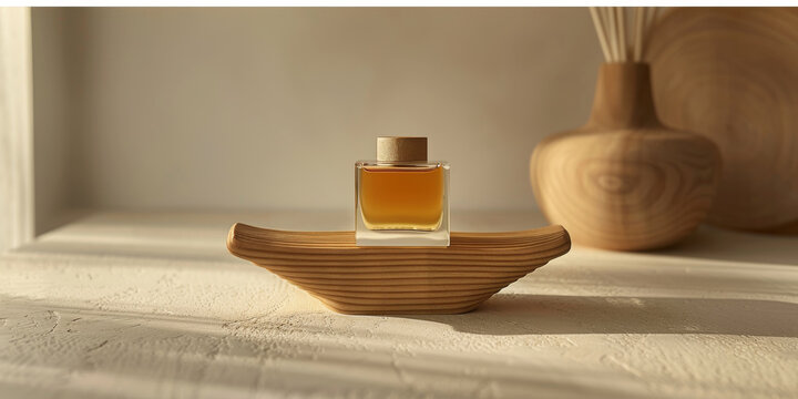Warm sunlight highlights the golden hues of an elegant perfume bottle, set against the curves of a wooden background.