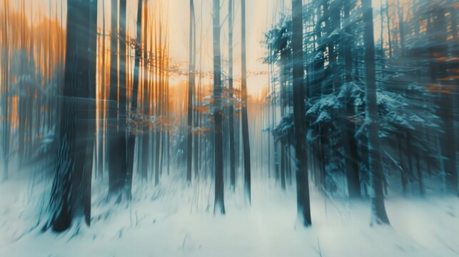 A blurry photo of a forest covered in snow, suitable for winter themed designs