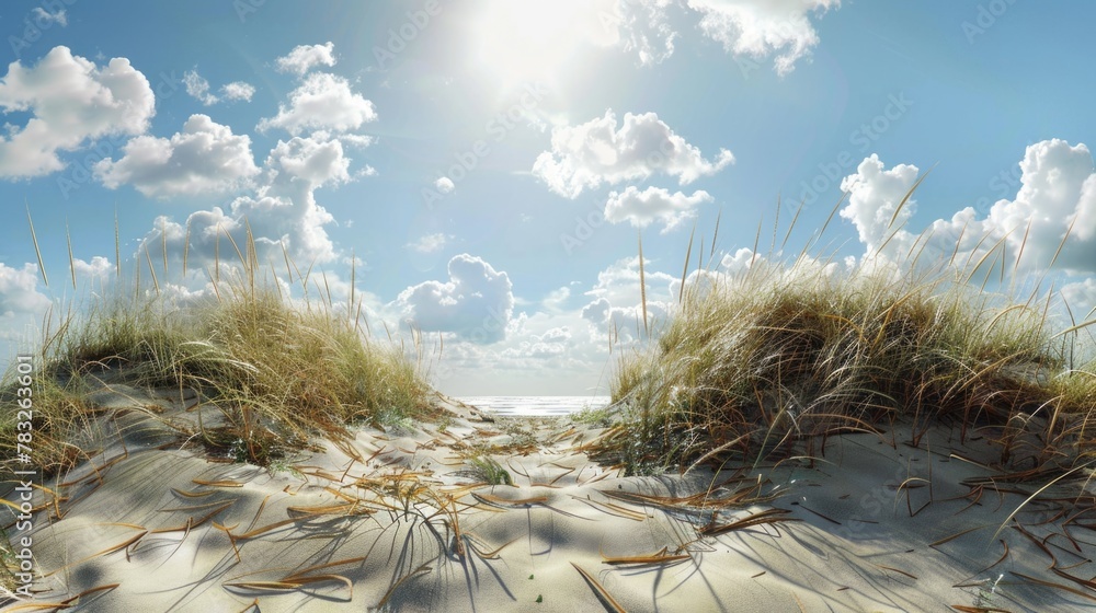 Poster sun shining through clouds over sandy desert dunes. ideal for travel and nature concepts