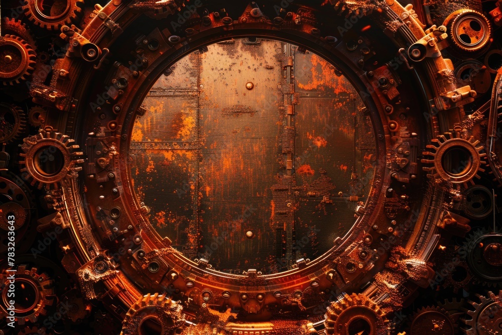 Poster a round metal object with rusted paint. suitable for industrial concepts