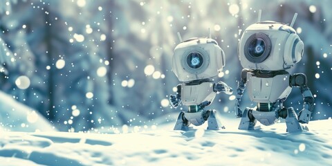Two robots standing on snowy landscape, suitable for technology concepts