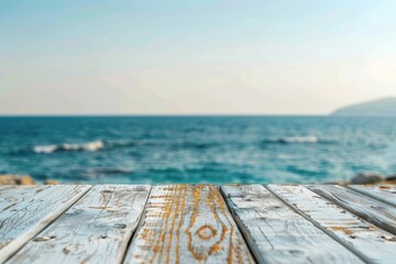 A wooden table with a scenic ocean view. Perfect for travel and vacation concepts