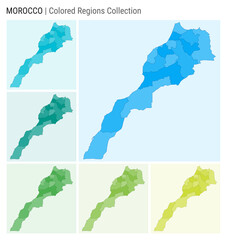 Morocco map collection. Country shape with colored regions. Light Blue, Cyan, Teal, Green, Light Green, Lime color palettes. Border of Morocco with provinces for your infographic. Vector illustration.