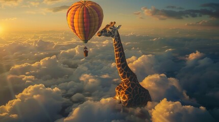 A tall giraffe and a colorful hot air balloon are seen soaring high in the sky. The giraffe stands out with its distinctive long neck and spotted coat, while the hot air balloon adds a pop of color
