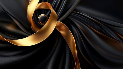featuring golden and black ribbons on the left side of an abstract background with swirling shapes