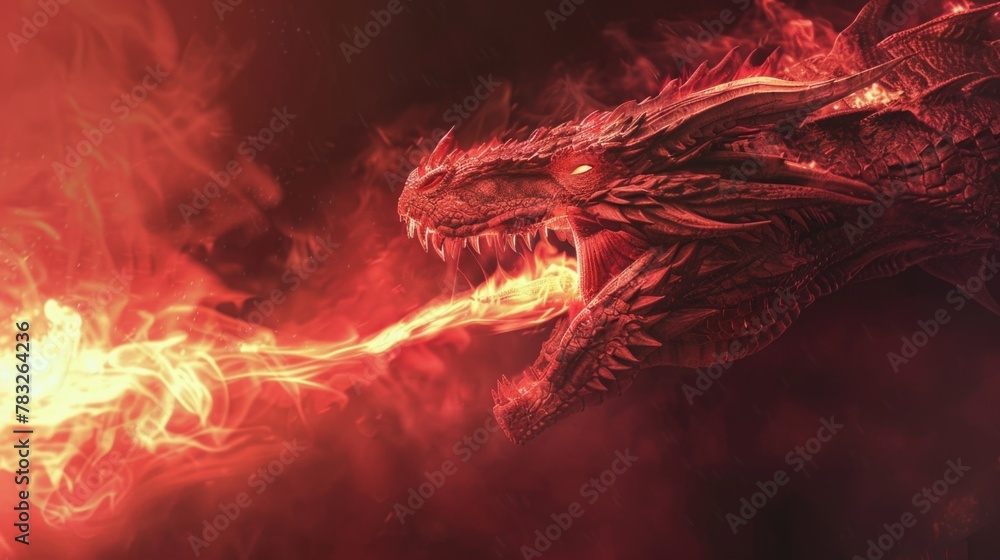 Poster a powerful red dragon with flames shooting from its mouth. ideal for fantasy and mythical themed pro