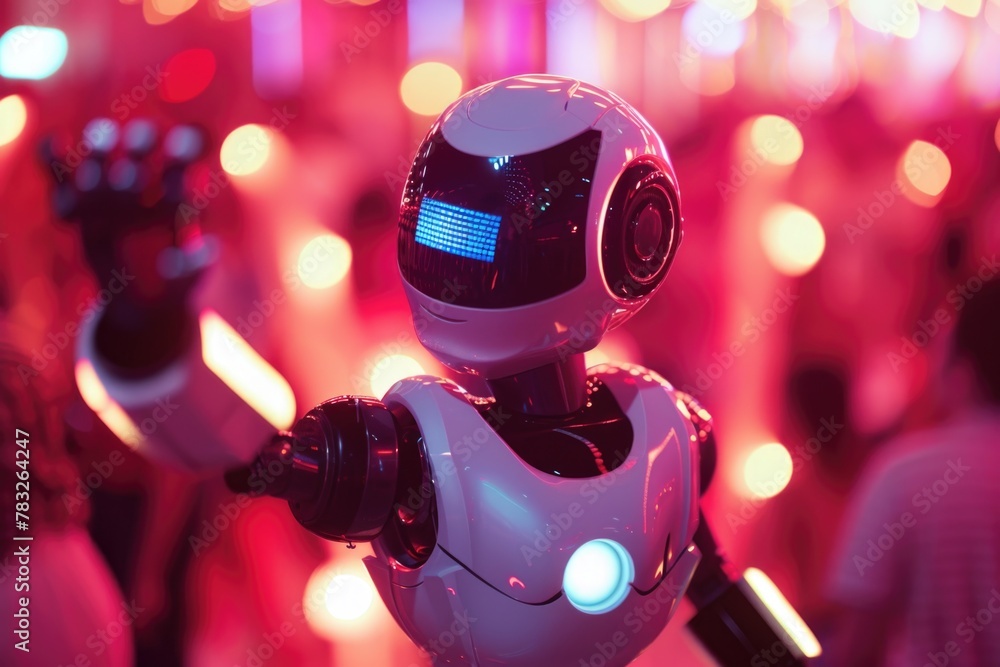 Poster futuristic white robot with a blue light on its face, suitable for technology concepts