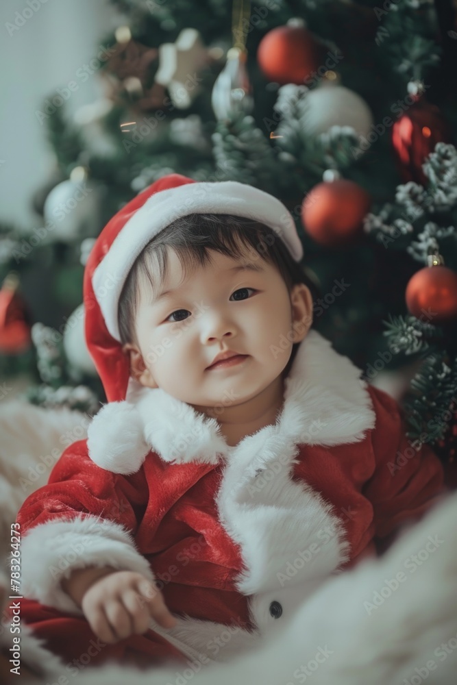 Sticker Cute baby in a festive Santa suit sitting in front of a beautifully decorated Christmas tree. Perfect for holiday season concepts