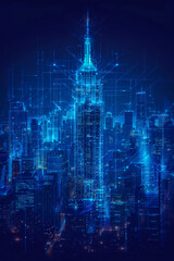 Fototapeta na wymiar Futuristic Cyber Cityscape with Iconic Skyscraper in Neon Hues