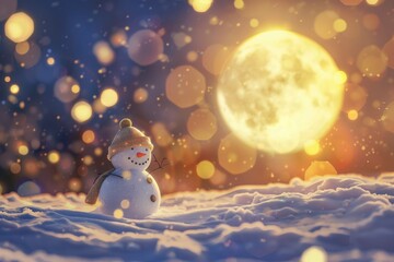 A snowman standing in the snow under a full moon - obrazy, fototapety, plakaty