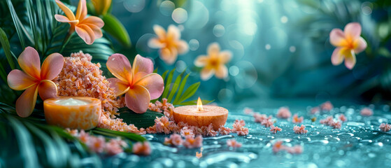 Blue blurred background with flowers and candles. Wellness and spa concept