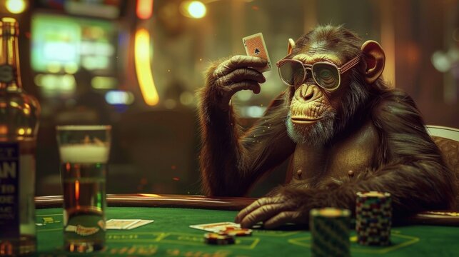 A monkey sitting at a table with a cell phone in hand. Suitable for technology concepts