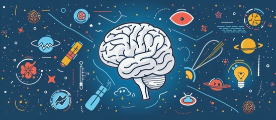 Assorted science icons encircle a central brain, representing knowledge and innovation