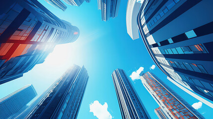Looking up at modern skyscrapers against a clear blue sky