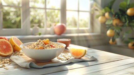A simple image of a bowl of oatmeal on a wooden table. Ideal for food blogs and recipe websites