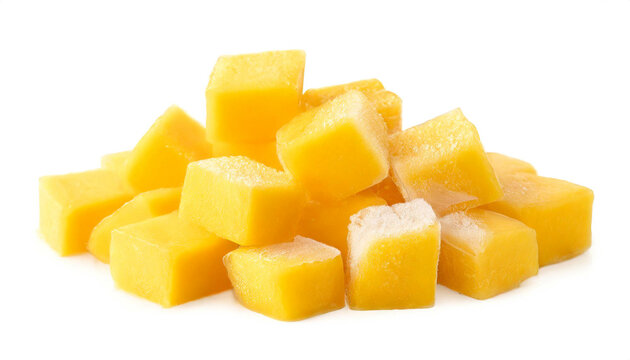 tiefk&uuml;hl Mango st&uuml;cke in form gew&uuml;rfelt isoliert auf wei&szlig;en Hintergrund, Freisteller