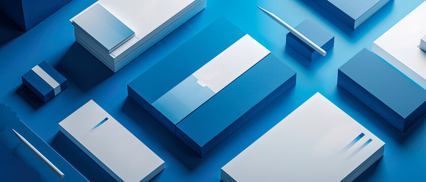 A blue and white set of business cards on blue background